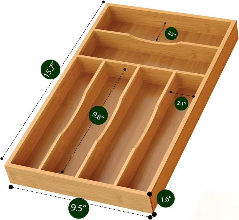 Bayting Bamboo Silverware Organizer, Bamboo Kitchen Drawer Cutlery Organizer, Utensil Holder, Flatware Organizer Tray (15.8"x9.5"x1.6") - Image 2